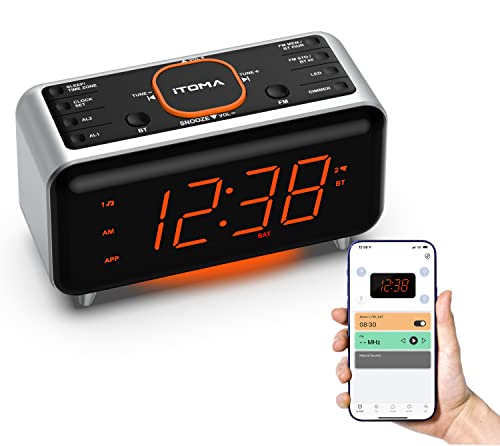 iTOMA Despertador de rádio com controlo de aplicação, Bluetooth, rádio FM, despertador duplo em quatro modos de despertador, sesta fácil, atenuador, luz laranja à noite, porta carregador USB 208