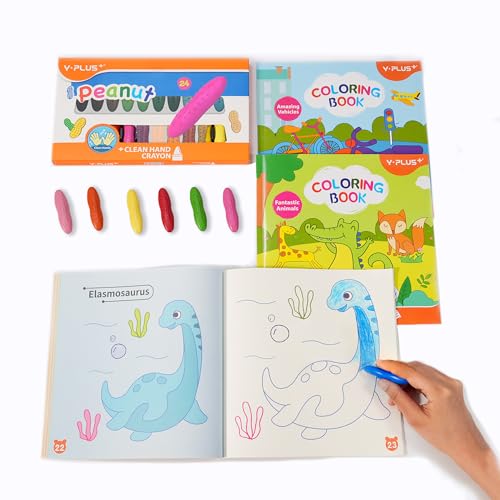 Conjunto de livros para pintar com cera de cor de amendoim YPLUS para crianças, 24 cores de rayões laváveis, 3 livros para desenhar com temas diferentes, cera bebé não tóxica de 2-4 anos, 1-3, 4-8.