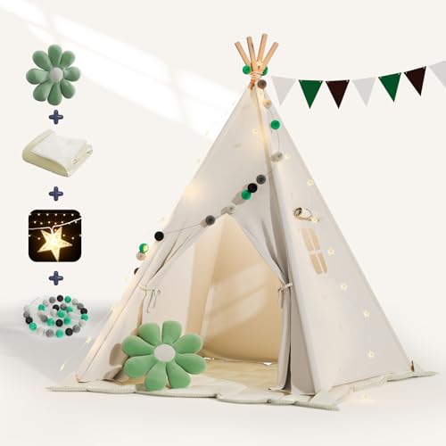 BlueWood Tipi infantil, tenda de campismo interior para crianças com luzes de fadas, tenda de brincar com bandeiras coloridas, almofada de flores, tapete antiderrapante e saco de armazenamento