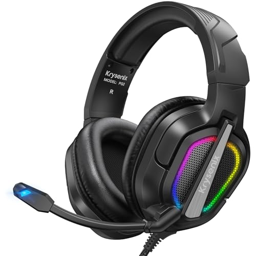 Krysenix PG2 Auriculares Gaming para PS4, PS5, PC, Xbox One, capacetes de jogo com som de microfone estéreo IA, capacetes de cancelamento de ruído, capacetes com conector de 3,5 mm e luz RGB, preto