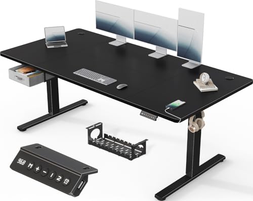 Devoko 180 x 80 cm mesa elétrica elevável com gavetas, mesa regulável em altura de carregamento USB-A, mesa de secretária elevável de gestão de cabos e lembrete de postura sentada, preto