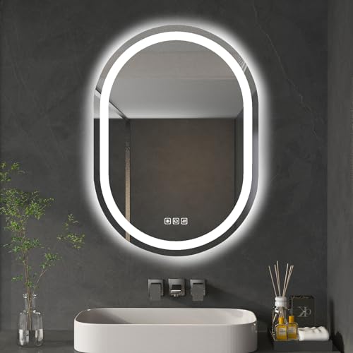 furduzz Espelho de casa de banho LED oval, 500 x 700 mm, espelho cosmético de parede com luz frontal e retroiluminada, resistente à água inteligente com função de memória 3 cores de intensidade