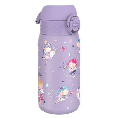 ion8 Garrafa de água Inox leve para crianças, 400 ml, sem isolamento, à prova de fugas, fácil de abrir, fechadura segura, adequada para máquina de lavar louça, tampa rebatível, fácil de limpar, design