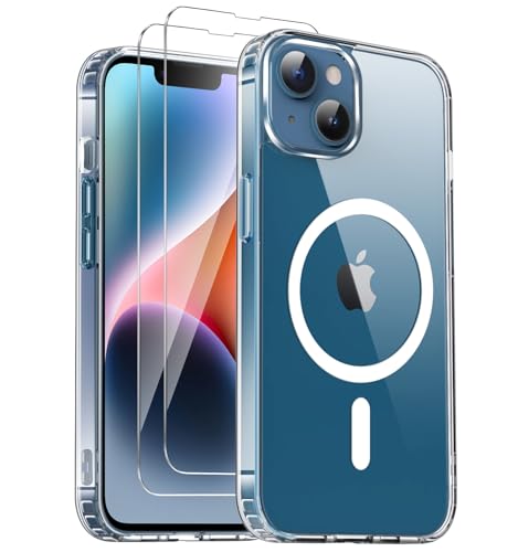 COPIKE Capa magnética para iPhone 13 e iPhone 14 com 2 vidro temperado, compatível com MagSafe capa anti-choque anti-amarelo tampa traseira resistente a riscos, transparente