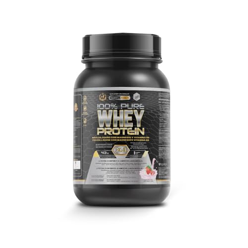 Healthy Fusion Whey Protein Proteína pura com colagénio magnésio | Tonifica e aumenta a massa muscular | Melhore os seus treinos | 1000 g (morango)