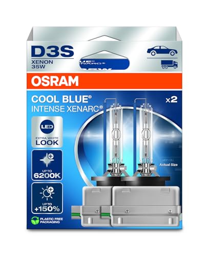 OSRAM XENARC COOL BLUE INTENSE D3S, +150% mais brilho, até 6200K, candeeiro de farol de xenon, aparência LED, caixa dobrável para pendurar (2 lâmpadas)