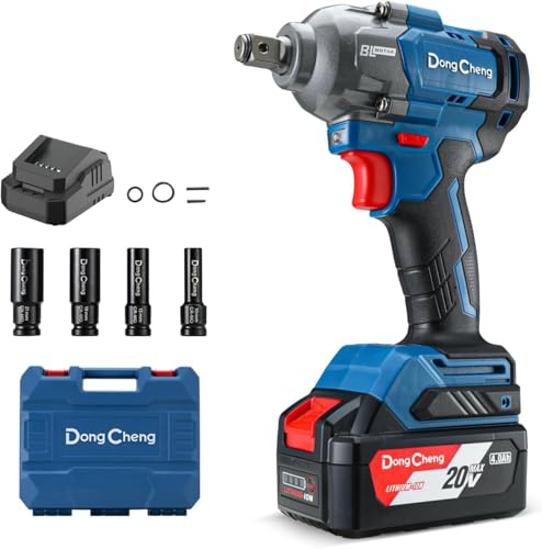 Dong Cheng Chave de impacto sem fio Brushless 18 V com bateria de 4,0 Ah, 488 N.m alto torque, 1/2", transmissão de 3 velocidades, adequado para automóvel e bricolage