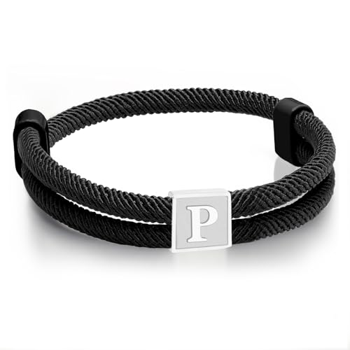Esmoly Pulseira homem com prata letra A-Z preto corda pulseira tecido ajustável presentes para homem rapaz