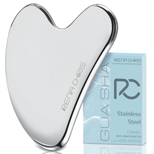 Rena Chris Gua Sha Massajador facial, pedra guashha de aço inoxidável para esculpir a linha da mandíbula, remover os sacos dos olhos, presentes para cuidados com a pele (prata)