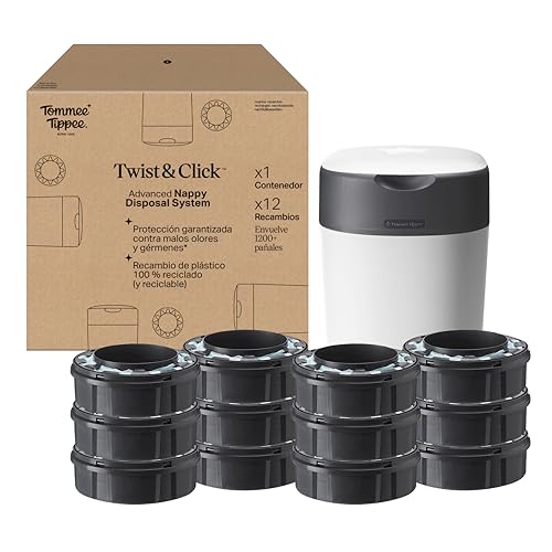 Tommee Tippee - Recipiente avançado para fraldas Twist and Click, novo sistema ecológico, inclui 12 peças de reposição com filme GREENFILM, branco