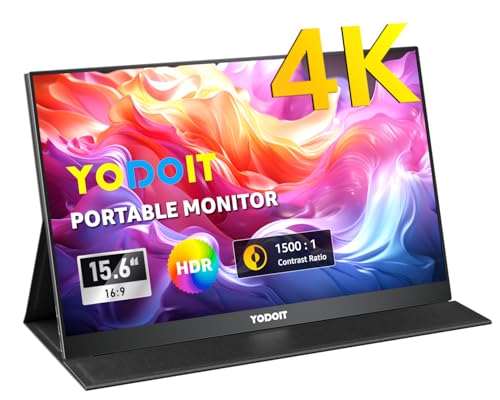 Yodoit Monitor portátil 4K de 15,6" 100% sRGB ecrã IPS monitor UHD com porta USB tipo C e altifalantes integrados com monitor de cobertura inteligente compatível com PC, computador portátil