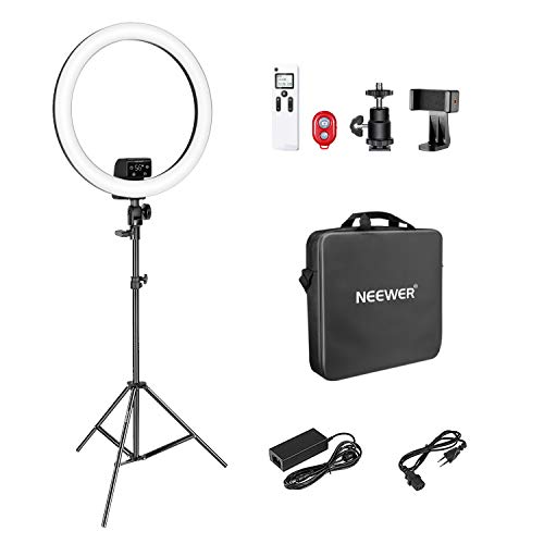 NEEWER Aro de luz LED avançado de 18 polegadas suporte de controlo tátil manual com ecrã LED, controlo remoto 2,4 G e várias luzes, 3200-5600 K, suporte para maquilhagem YouTube vídeo Blogger Salon