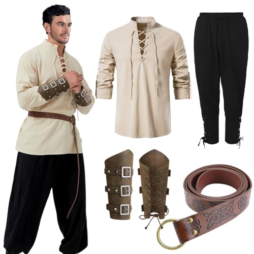 EUBSWA Roupas medieval renascentista para homem, camisa medieval viking, calças, fantasia com cinto, alça de pulso, acessórios