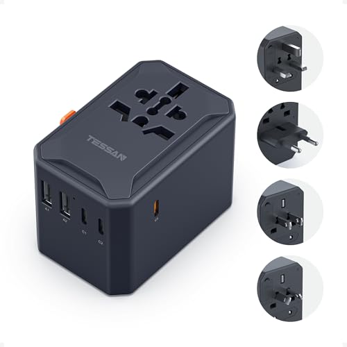 TESSAN Adaptador de tomada universal viagem com 5 USB, carregador USB C carregamento rápido 65 W GAN, adaptador de viagem para EUA UK Japão China Irlanda Tailândia Austrália Brasil México Suíça