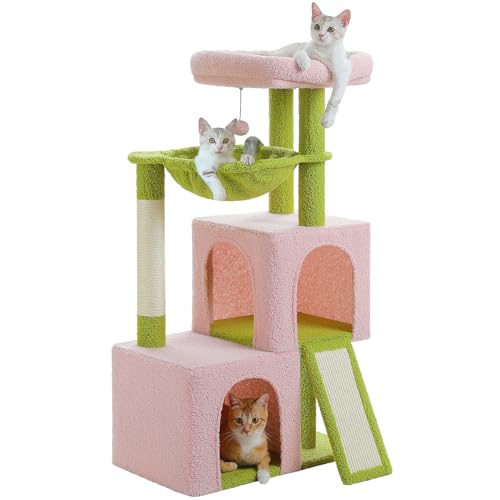 PETEPELA Árvore de arranhador de 104 cm com 2 grutas espaçosas para gatos de casa, casa para gatos com rede confortável, barra acolchoada, almofada para raspar e bola de jogo removível, cor-de-rosa