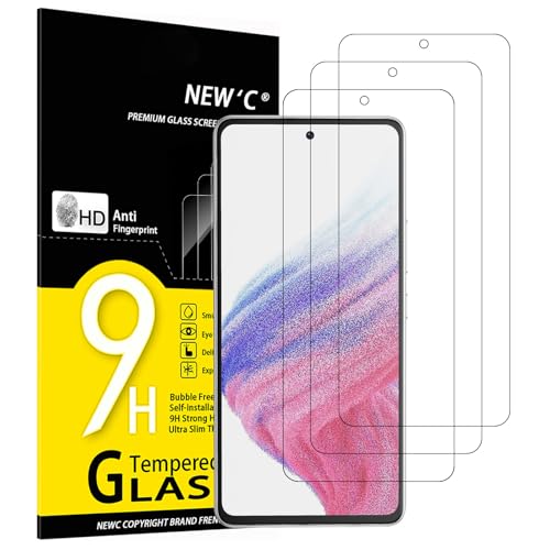 NEW'C 3 peças, protetor de ecrã para Samsung Galaxy A53 5G, anti-riscos, anti-impressões digitais, sem bolhas, dureza 9H, 0,33 mm ultra transparente, vidro temperado ultra resistente