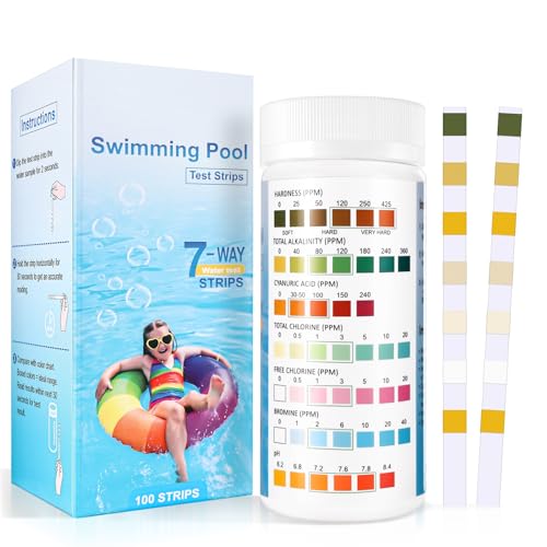 Accevo 7 em 1 tiras de teste para piscina e spa, kit de teste para 100 piscinas, tiras de teste para pH, cloro total, alcalinidade total, dureza, cloro livre, bromo, ácido cianúrico