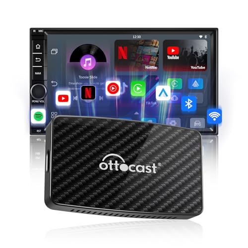 Ottocast Play2Video Pro, adaptador sem fios CarPlay e Android Auto para carros com CarPlay por cabo de fábrica, caixa multimédia AI 2 em 1 com Netflix, Youtube, Prime Video, WiFi 5G e Bluetooth 5.0