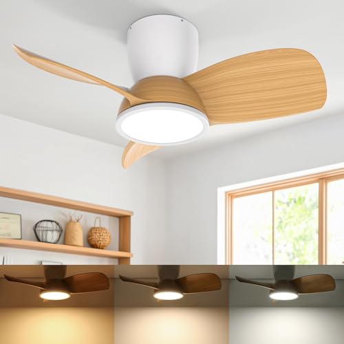 Ateroll Ventoinha de teto com luz, Ø 76 cm, LED regulável 3CCT (3000K-4000K-5000K), 1500LM ventilador de teto com controlo remoto, 6 velocidades, temporizador, adequado para sala de estar (madeira