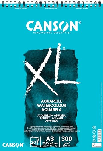 Canson XL, Papel de aguarela, prensado a frio, 300 g, espiralados sobre o lado curto, A3-29,7 x 42 cm, branco, 30 folhas