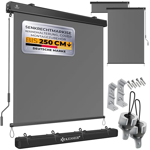 KESSER® Toldo vertical de enrolar para exteriores, mecanismo de manivela, proteção solar e de privacidade, com manivela e peito, para varanda e terraço, 160 x 250 cm, cinzento