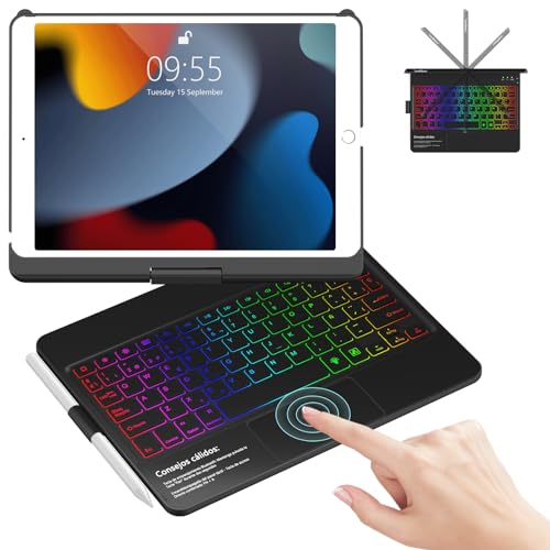 GAOJIE Capa de teclado iPad de 9 geração com Touchpad com rotação de 360° e suporte para lápis, 7 cores retroiluminado espanhol Ñ Bluetooth Trackpad teclado para iPad 10,2 9ª/8ª/7ª geração (preto)