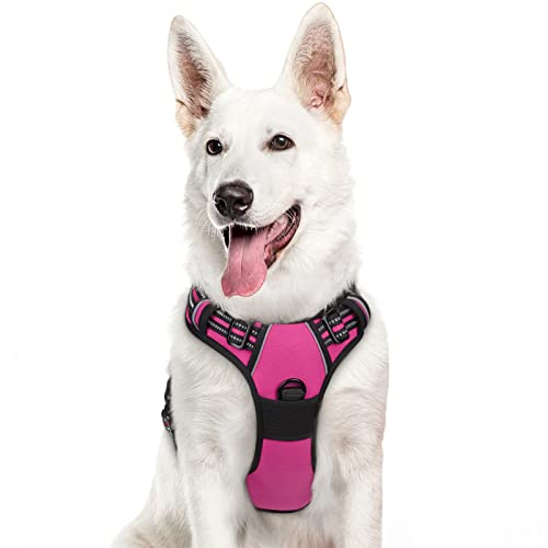 Eagloo Arnês cão grande, arnês antipuxões cão anti-escape, colete acolchoado ajustável, anéis de peito e costas, material respirável com fita refletor, exercício correr, XL rosa vermelho