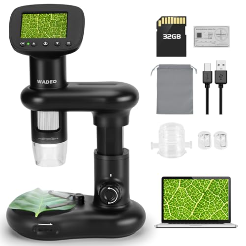 WADEO Mini microscópio para crianças, 1000 X LCD digital microscópio de bolso com luz LED, microscópio portátil com recipiente de objetos e base, vista de PC, para observação da natureza