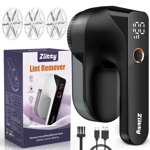 Removedor de roupa elétrica - Ziitty remove bolas de roupa, ecrã LCD, carregamento por tipo-C, 6 folhas, lâmina de tira-borbotos recarregável potente e eficiente para roupas e móveis, preto