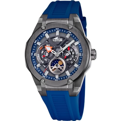 Lotus Relógio masculino 18946/4 Vortex com fase lunar caixa de aço inoxidável 316 l preto correia de borracha azul