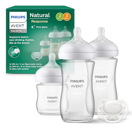 PHILIPS Avent Set de presente de biberão de vidro para recém-nascidos: 3 biberões, chupeta ultra macia para bebés de 0-6 meses (modelo SCD878/11)