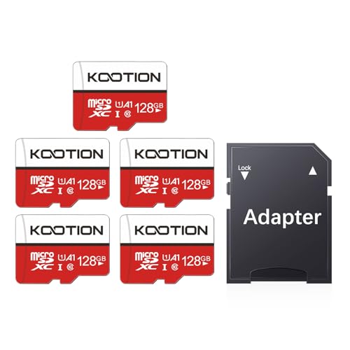 KOOTION MicroSD 128 GB classe 10 cartões de memória micro SD 5 pack (U1 e A1) micro SDXC com adaptador de 128 giga micro SD Card 4K Memory Card para Gopro câmara telemóveis, alta velocidade até 80