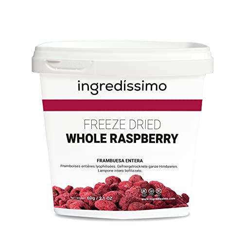 INGREDISSIMO - Framboesas inteiras liofilizadas, frutas secas, produto vegano, sem glúten e sem açúcar adicionado, Snack saudável e crocante de cor vermelha violeta, para pratos e receitas - 60 g
