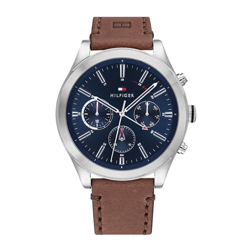 Tommy Hilfiger Relógio analógico multifuncional de quartzo para homem com correia de couro ou aço inoxidável