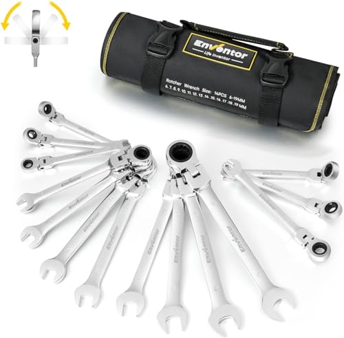 Enventor Chaves fixas com arraca de 14 peças, conjunto de chaves combinadas com arraca, 6 mm a 19 mm, aço cromado vanádio, 72 dentes, cabeça giratória de 180 °, arco giratório de 5°, bolsa