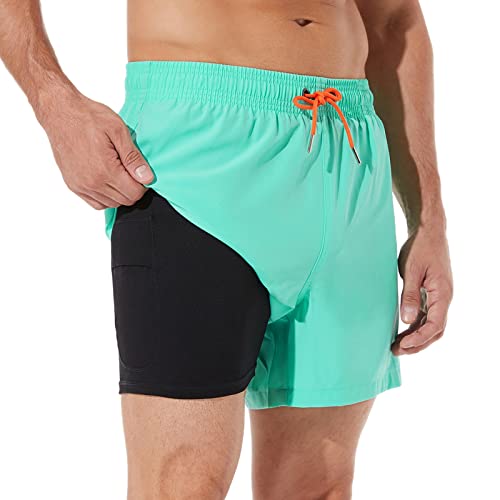ineepor Fato de banho para homem 2 em 1 de secagem rápida com forro de compressão calções homem desporto com bolsos com fecho de correr elástico de forro, XXS-5XL
