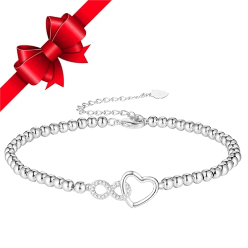 Jbniuay Pulseira para mulher - presentes para mulher pulseira de coração infinito pulseira de bola para mulher prata 925 - presentes de coração infinito para mulher/mulher/mãe/filha, 925/P