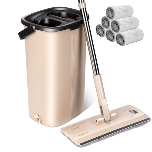 Masthome Conjunto de esfregona e balde, esfregona plana com 140 cm, cabo longo de aço inoxidável, roupa de microfibra com 6 almofadas substituíveis para pavimentos de madeira dura, laminada, azulejos