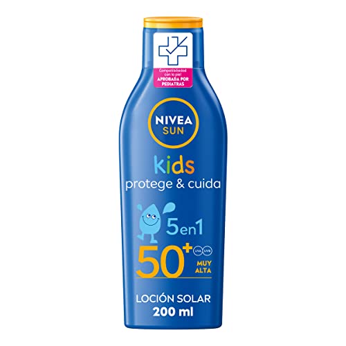 NIVEA SUN Leite solar Kids Protege & Cuida FP50 (1 x 200 ml), protetor solar infantil resistente à água, proteção solar muito alta para crianças