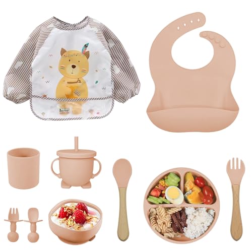 Louça de bebé de silicone, 10 peças conjuntos de louça infantil, talheres com prato ventoso, garfo com cabo de madeira, conjunto de babador, talheres para bebé, tigelas para bebés com ventosa louça