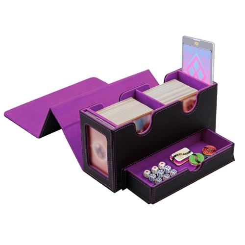Tolesum Caixa de cartões de camada dupla para Mtg, com gaveta de dados, 2 janelas laterais, caixa de cobertura magnética com capacidade para mais de 300 cartões para cartas Commander Tcg - preto roxo