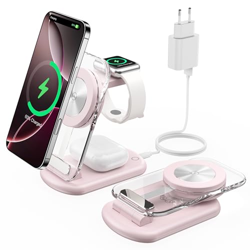 Estação de carregamento sem fios magnética 3 em 1 para dispositivos Apple, carregador rápido e dobrável para viagens, com luz noturna para iPhone 16, 15, 14, Apple Watch/AirPods Pro, PK
