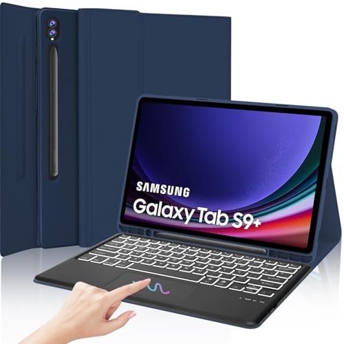 IVEOPPE Teclado Trackpad Samsung Galaxy Tab S9 Plus 12,4" 2023, capa com teclado Espanha Ñ Bluetooth retroiluminado Tab S9 Plus 12,4" 2023 (SM-X810/X816B/X818U), azul escuro
