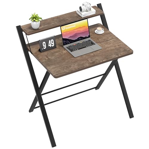 GreenForest Secretária dobrável com prateleira de monitor, mesa de escritório de tamanho pequeno sem montagem, mesa pequena para espaço pequeno, castanho