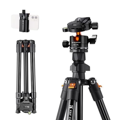 K&F Concept Tripé câmera, 163 cm tripé viagem para câmera, tripé leve em alumínio, tripé de telemóvel com suporte de telefone, tripé Canon Reflex com bola para câmara DSLR (apenas 1,16 kg)