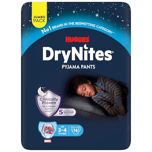 Huggies DryNites Fraldas de noite para crianças de 3 a 4 (16 a 23 kg), testadas clinicamente com 5 camadas de máxima proteção noturna, 4 pacotes de 16, total 64 cuecas absorventes