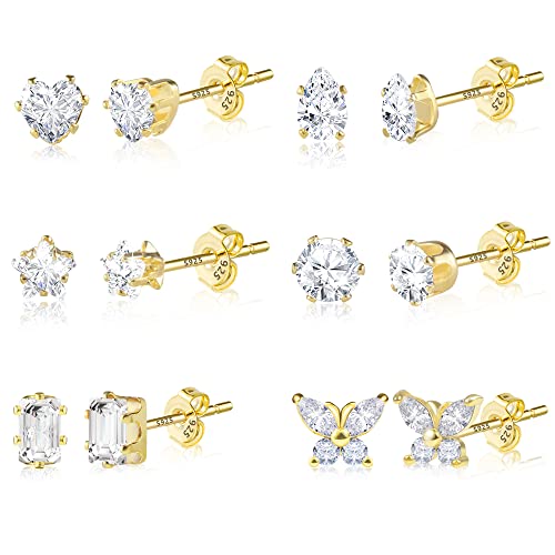 ASH'S CHOICE Brincos de prata 925 para mulher, 6 pares de brincos de prata 925, conjunto de brincos pequenos, multi-pack com brilhantes de zircónio, folha de estrela, lua, bola, brincos
