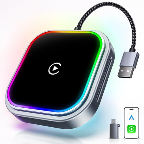 WityEye Adaptador CarPlay sem fios com luz atmosférica, Bluetooth V5.3 conexão estável, 5,8 GHz WiFi transferência rápida de dados, USB A/C, CarPlay carro para Apple iPhone iOS 10+