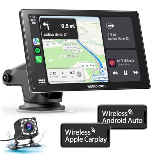 Ecrã do carro, 9" ecrã Carplay carro para A-pple e Android com câmara traseira HD, sem fios, navegação GPS, Bluetooth, controlo de voz mãos livres, Mirror Link, AUX, FM, Siri & G-oogle
