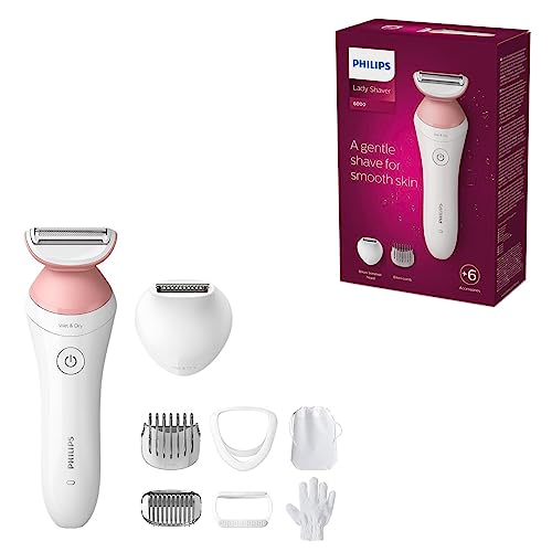 Philips Barbeador feminino série 6000, 6 acessórios, inclui perfilador de biquíni, luva esfoliante, pente guia e escova de limpeza, BRP146/00, branco